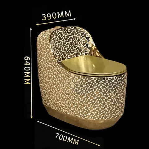 Modern Dual Flush Toilet Featuring Silent Vortex Flushing System And Soft Close Seat In Sleek Gold design with dimensions 390MM x 640MM x 700MM.