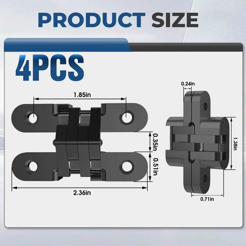 Product size chart for Heavy Duty Invisible Door Hinges 180 Degree Swivel Black Four Pack Solid Zinc Alloy Cabinet Hardware.