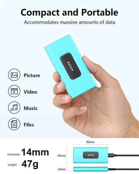 Hand holding turquoise 256GB External SSD Drive USB 3.1 Type C Portable Solid State Drive Up To 500MB/s For PC Mac Android Game Console