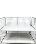 Hella Sturdy Foldable Warehouse Trolley With Reinforced Mesh Cargo Cage And Double Access Doors Commercial Rolling Utility Cart view of interior shelves.