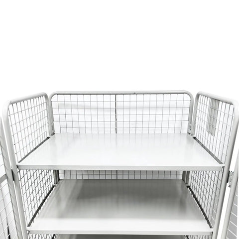 Hella Sturdy Foldable Warehouse Trolley With Reinforced Mesh Cargo Cage And Double Access Doors Commercial Rolling Utility Cart view of interior shelves.