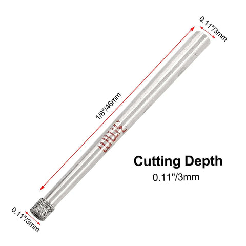 Side view of a diamond-coated drill bit with a long silver shaft, 1/8 inch diameter and 46 mm length.
