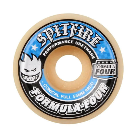 Formula Four Conical Full Wheels Set White And Blue 53mm 99D Urethane For Smooth Cruisin Durable Ride Street Skating Detail