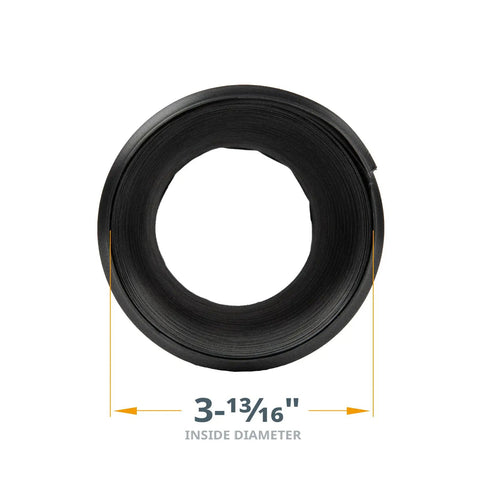 Flexible 4 Inch Dust Collection Hose Extends Up To 36 Inches For Table Saw Drill Press And Woodworking DIY Shop Dust Collection System Left Spiral Design Makes Bends Easy And Snakes Through Tight Spaces Keeping Your Workshop Clean, shown in coiled form with 3-13/16 inch inside diameter.