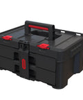 Two drawer unit from the Four Piece Rolling Tool Storage System With Large Rolling Toolbox And Two Drawer Toolbox And Two Tray Organizers Interlocking Modular Stackable Tool Storage On Wheels For Garage And Shop.