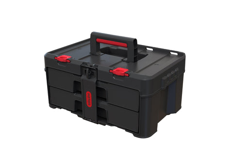 Two drawer unit from the Four Piece Rolling Tool Storage System With Large Rolling Toolbox And Two Drawer Toolbox And Two Tray Organizers Interlocking Modular Stackable Tool Storage On Wheels For Garage And Shop.