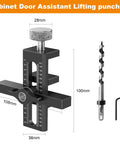 2 in 1 Cabinet Door Mounting Jig With Adjustable Positioner For Frameless Or Face Frame Doors Fast Setup And Precise Installation showing precise measurements and drilling tool.