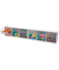 Interlocking Tilt Bin Storage System 6 Bin Unit in clear and white, with tilt-out access showing colorful items stored inside.