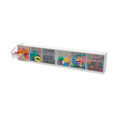 Interlocking Tilt Bin Storage System 6 Bin Unit in clear and white, with tilt-out access showing colorful items stored inside.