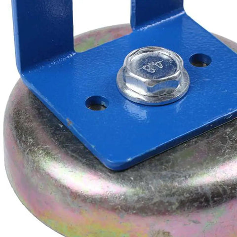Close-up of Heavy Duty Magnetic MIG Welding Torch Holder Stand, featuring a blue metal bracket and strong magnet for secure attachment.