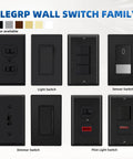 Variety of Matte Black wall switches including Matte Black 3 Way Decorative Light Switch With Wall Plate, 15 Amp, UL Listed.