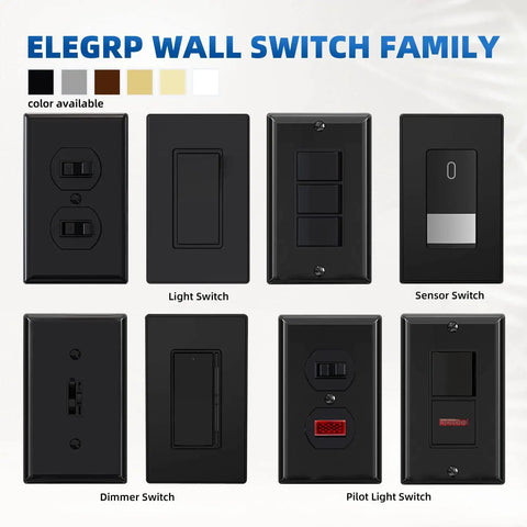 Variety of Matte Black wall switches including Matte Black 3 Way Decorative Light Switch With Wall Plate, 15 Amp, UL Listed.