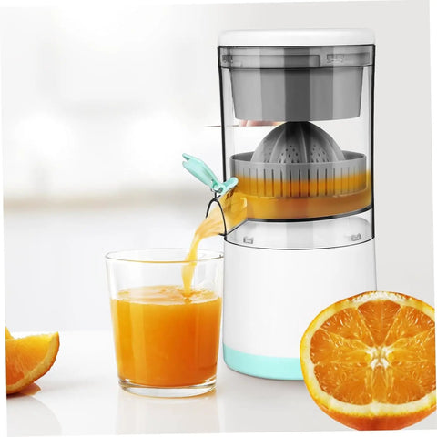 Premium Portable Electric Citrus Juicer with glass full of orange juice and juicer pouring juice from fresh orange.