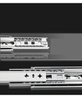 Heavy Duty Three Fold Drawer Slides Built Like A Tank With 265 Pounds Capacity Smooth As Silk Full Extension Industrial Grade 53Mm Blue Galvanized Steel Rails side view showing dual row ball bearings and slide mechanism.