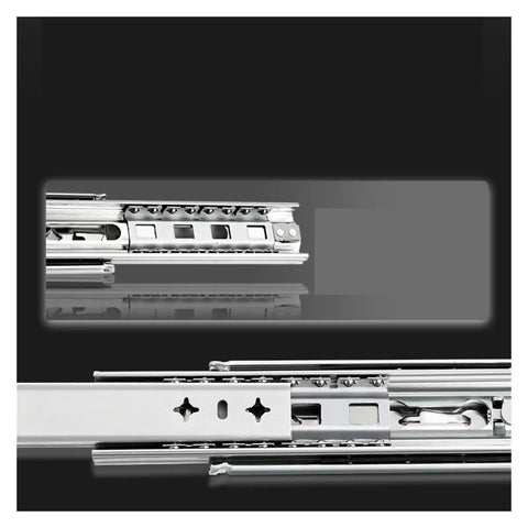 Heavy Duty 3 Fold Full Extension Drawer Slides Featuring Double Row Steel Ball Bearings And Blue Rust Proof Coating close-up view.