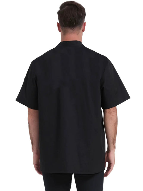 Back view of Moisture Wicking Mesh Chef Jacket For Men, Cool Flow Short Sleeve Culinary Coat with a lightweight design.