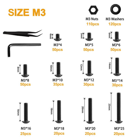 M3 Button Head Socket Cap Screw Set With Nuts And Washers, Alloy Steel, 610Pcs, 11 Size Assortment with tools and bolt sizes shown