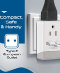 Go To Travel Plug Adapter With USB C And USB Ports, Two USA Sockets, Fast Charging PD QC 3.0, shown plugged into a European outlet