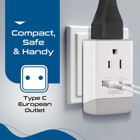Go To Travel Plug Adapter With USB C And USB Ports, Two USA Sockets, Fast Charging PD QC 3.0, shown plugged into a European outlet