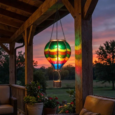 Valentines Day Outdoor Lantern Solar Powered Hot Air Balloon Lights For Garden And Yard Hanging Flickering Flame Led Decor For Trees Patio And Mom Lovers, colorful lantern glowing at sunset on patio