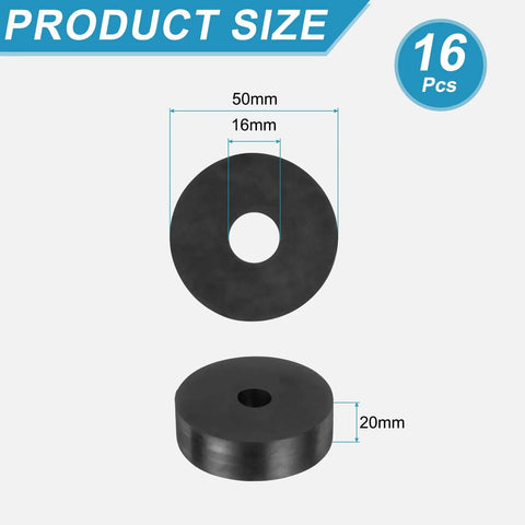 16 Piece Heavy Duty Rubber Spacers Featuring Badass Vibration Dampening Built Tough For Zero Flex Mounting And Smooth Gear Operation Indoors Or Outdoors, showing sizes of 50mm and 20mm.