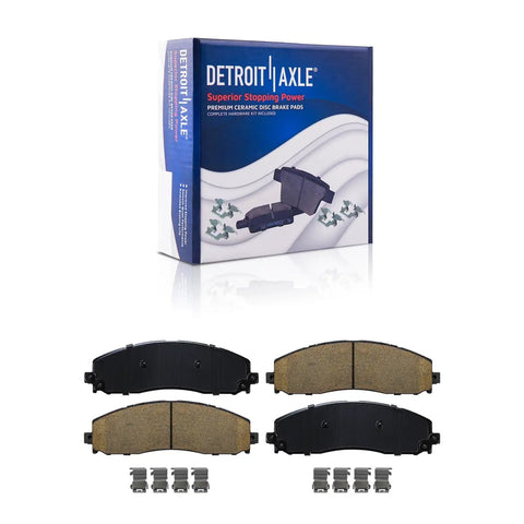 4WD Front And Rear 14.29 Inch Disc Brake Rotors Kit With Ceramic Pads For Ford F 250 Super Duty 2012 2022 And Ford F 350 Super Duty 2013 2022 Complete Brake Replacement packaging with pads and hardware.