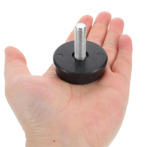 Hand holding M10 Leveling Feet For Treadmills 4 Pack Adjustable Shock Absorbing Pads, anti vibration rubber mount with steel thread.