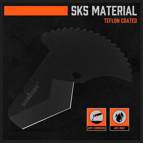 Close-up view of SK5 steel blades for 2-1/2 Inch Ratchet PVC Pipe Cutter showing anti-corrosion and anti-rust features.