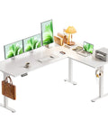 63 Inch Sit To Stand Electric L Shaped Desk With Height Adjustment Range 27.9 To 46.1 Inches, home office setup with monitors.