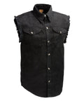 Men's Black Lightweight Denim Shirt With Frayed Cut Off Sleeves Sleeveless Button Down Breathable Cotton Blend Casual Everyday Wear Comfortable Fit Size X Large Great For Layering