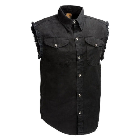 Men's Black Lightweight Denim Shirt With Frayed Cut Off Sleeves Sleeveless Button Down Breathable Cotton Blend Casual Everyday Wear Comfortable Fit Size X Large Great For Layering