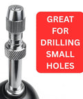 Close-up of Pin Vises With Swivel Ball Head, 4 Inch Length with text "Great for Drilling Small Holes."