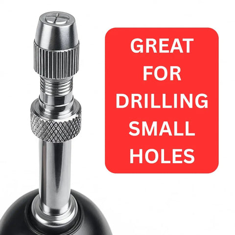 Close-up of Pin Vises With Swivel Ball Head, 4 Inch Length with text "Great for Drilling Small Holes."