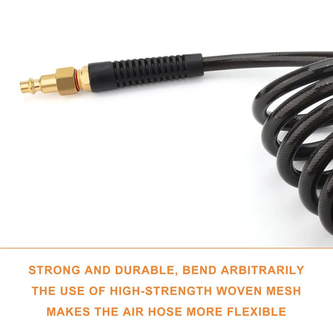 Close-up of reinforced polyurethane recoil air hose with bend restrictor, showing industrial quick coupler and plug.