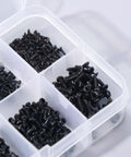 Heavy Duty Micro Self Tapping Screws Pan Head Carbon Steel Black Finish 1000 Pack For Laptop And Tech Repair Precision Fasteners in storage box.