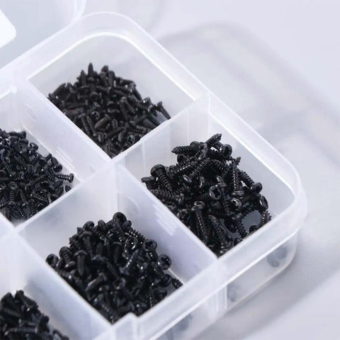 Heavy Duty Micro Self Tapping Screws Pan Head Carbon Steel Black Finish 1000 Pack For Laptop And Tech Repair Precision Fasteners in storage box.