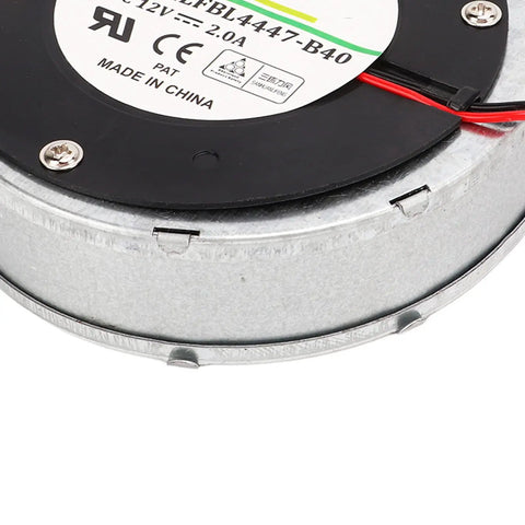 Beefy 12V Brushless Blower Fan, label and wiring, delivers 62.49 CFM at 5500 RPM, dual ball bearings for enclosed spaces and electronics.