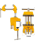 Badass Heavy Duty Cast Steel Bench Vise With Full 360 Swivel Ball Joint And Quick Grip Clamp Mount For Workbenches shown from two angles, dimensions labeled.