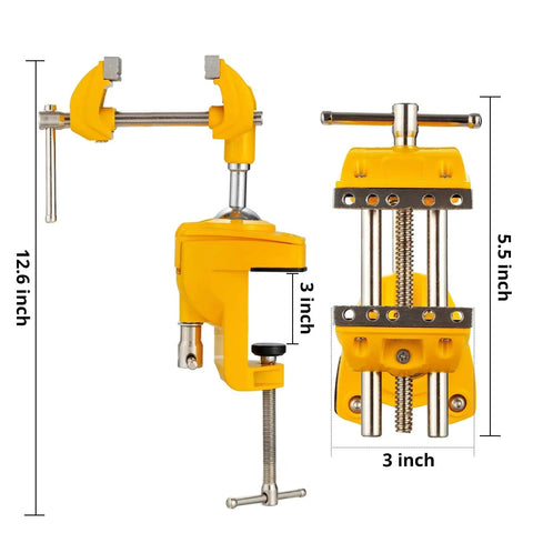 Badass Heavy Duty Cast Steel Bench Vise With Full 360 Swivel Ball Joint And Quick Grip Clamp Mount For Workbenches shown from two angles, dimensions labeled.