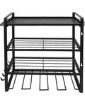 Heavy Duty Metal Wall Mount Power Tool Organizer With Extra Slots And Hooks For Sick Garage Shop Setup, sturdy black metal rack.