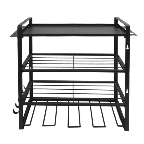 Heavy Duty Metal Wall Mount Power Tool Organizer With Extra Slots And Hooks For Sick Garage Shop Setup, sturdy black metal rack.