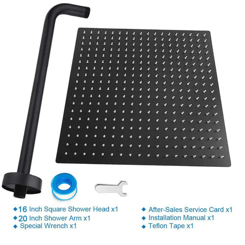 Huge 16 Inch Square Rain Shower Head With Extension Arm In Matte Black Stainless Steel For Full Body Coverage And Powerhouse Water Flow Ultra Thin Design Delivers Spa Like Rainfall Experience set with accessories