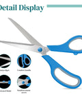 Three Pack 8 Inch All Purpose Scissors Bulk Set For Home, Office And School, Heavy Duty Stainless Steel Craft Snips, Sharp Paper Cutting Shears, Multipurpose Utility Scissors In Red, Yellow, And Blue blue-handled stainless steel scissors detail display