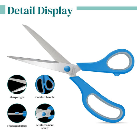 Three Pack 8 Inch All Purpose Scissors Bulk Set For Home, Office And School, Heavy Duty Stainless Steel Craft Snips, Sharp Paper Cutting Shears, Multipurpose Utility Scissors In Red, Yellow, And Blue blue-handled stainless steel scissors detail display