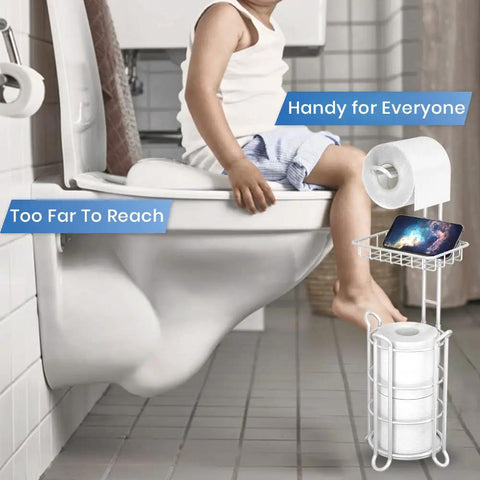 Free Standing Toilet Paper Holder With Middle Shelf Gray Mega Roll Ready No Bending Grip Keeps Toilet Paper Phone And Wipes Within Reach