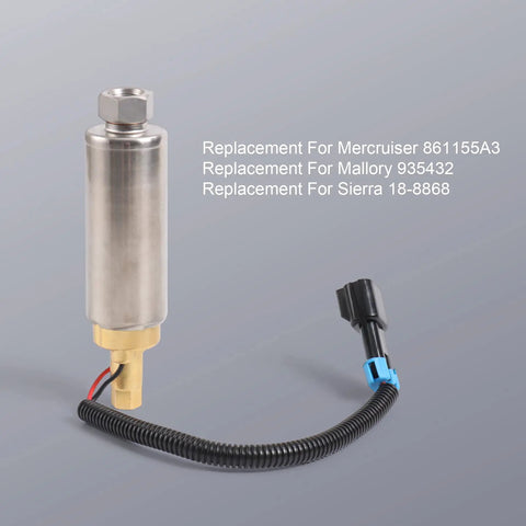 Electric Fuel Pump Replacement For Mercury Mercruiser Marine Carbureted Engines Low Pressure 4.3L 5.0L 5.7L V6 V8 Replaces 935432 18-8868 With Gasket Kit showing cylindrical pump and connector