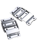 Rotating Concealed Hinges Set for Doors and Cabinets, 4 Pack Heavy Duty 8 Hole Metal Strut Back Buckles, chrome finish, close up view.