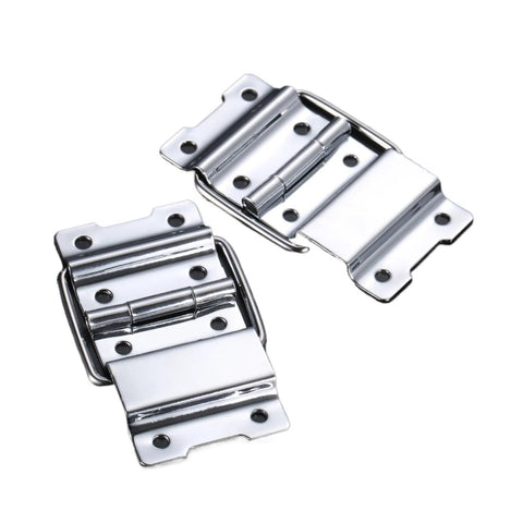 Rotating Concealed Hinges Set for Doors and Cabinets, 4 Pack Heavy Duty 8 Hole Metal Strut Back Buckles, chrome finish, close up view.