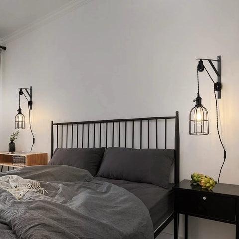 Industrial Pulley Wall Lights Set Of 2 With Iron Cage Farmhouse Sconce Lamps Plug In 15 Foot Cord And Switch Adjustable Hanging Wall Lights That Give Your Living Room Or Bedroom A Cool Rustic Farmhouse Vibe