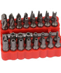 Rock Solid 33 Piece Hollow Bit Kit With Premium Chrome Steel Drill Bits For Tough Woodworking And Metal Jobs Plus Handy Plastic Storage Box That Keeps Things Tidy On Your Next Cool DIY Project Anywhere You Go. 33-piece chrome steel bit set in red storage tray